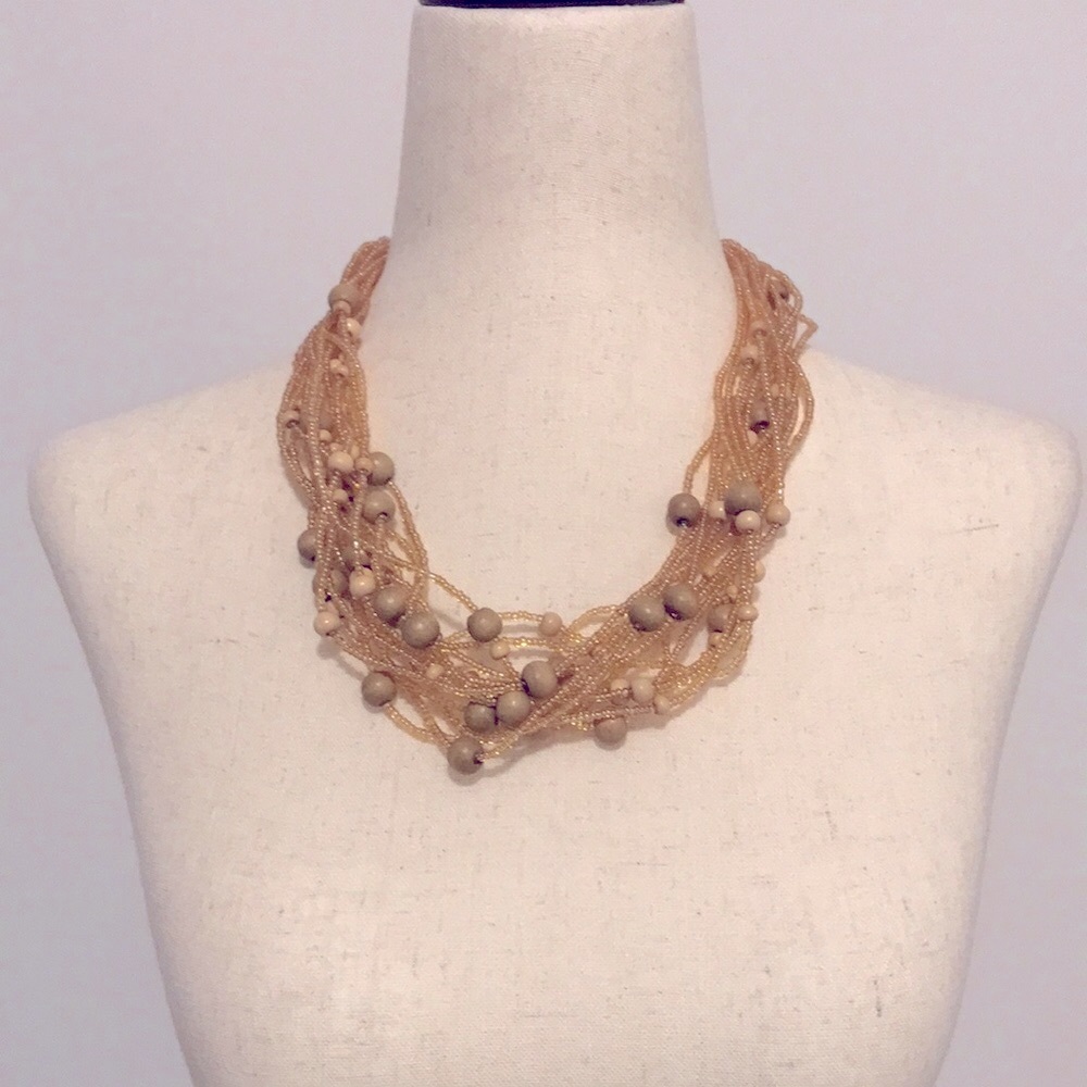Like New! Multi-Strand Gold Seed & Wood Bead Statement Necklace